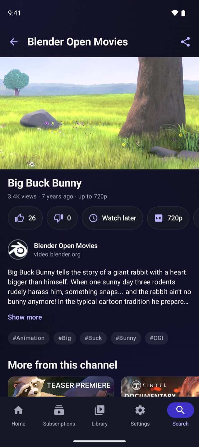 BufferedTV on an Android phone: Big Buck Bunny playing at the top of its page, with likes, Watch later, its channel and description underneath.