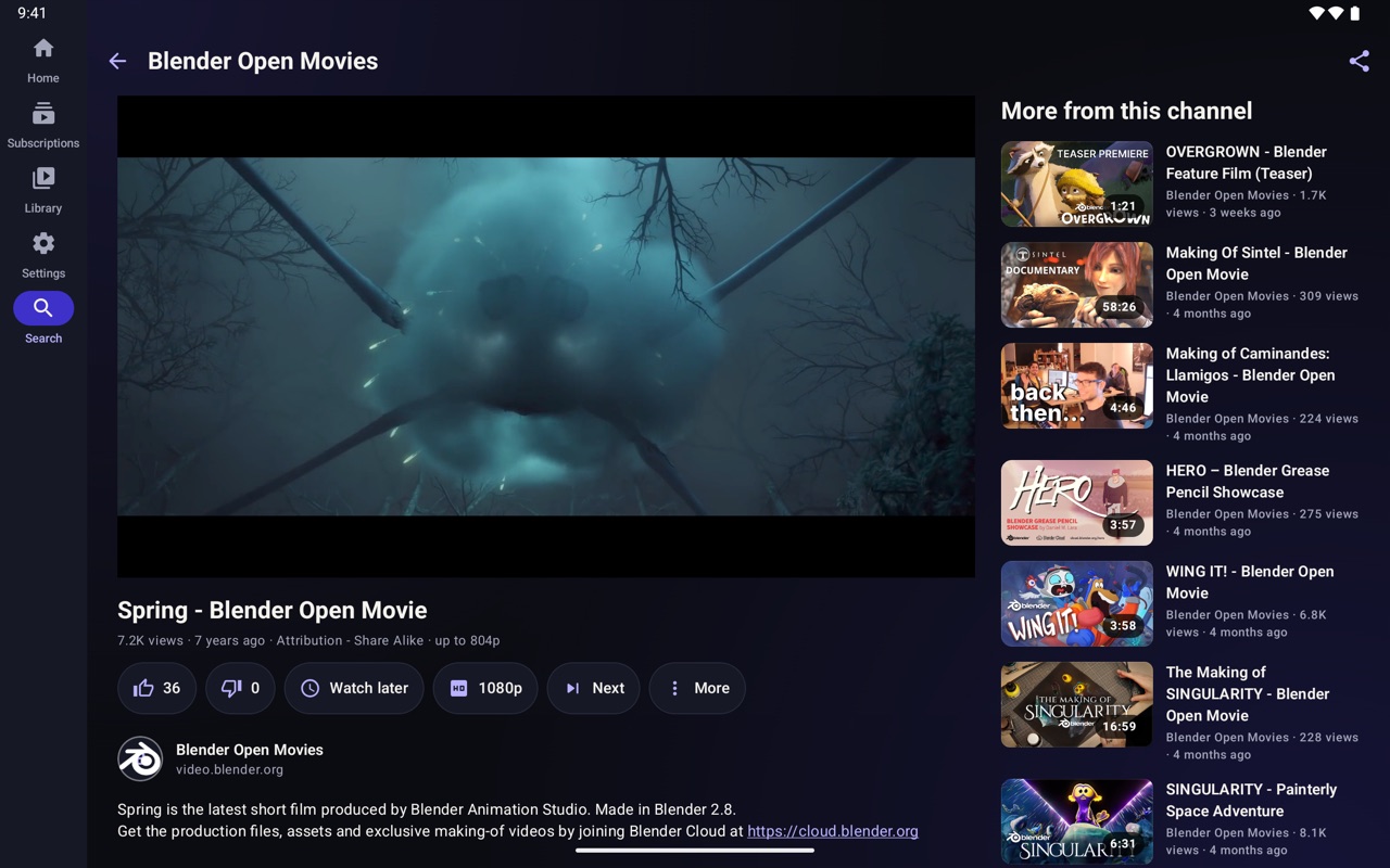 BufferedTV on an Android tablet: Spring playing beside more Blender open films from its channel, with the sections in a rail on the left.