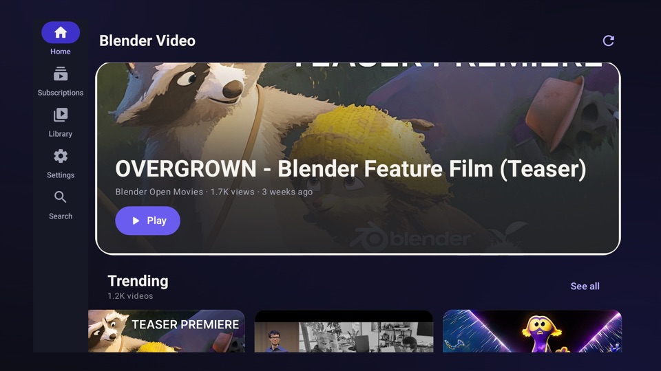 BufferedTV on a television: the sections down the left, and the home screen with a film from Blender Studio across the top, ringed in white to show the remote is on it.