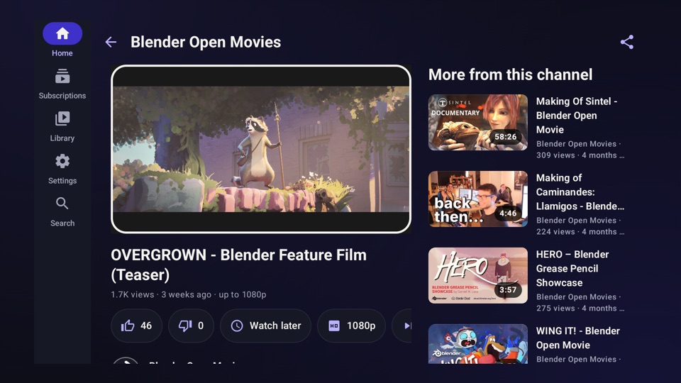 BufferedTV on a television: a video’s page, with the video ringed in white and more films from its channel listed beside it.
